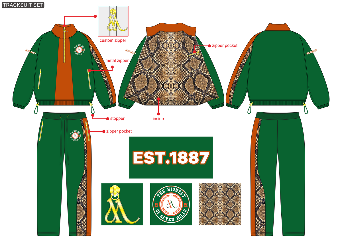 Custom tracksuit set design mockup showing front, back, and side views of a green and orange zip-up jacket with matching green pants, featuring a snakeskin-patterned inner lining and side panels, with custom logo patches and labels.