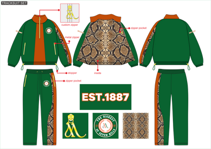 Custom tracksuit set design mockup showing front, back, and side views of a green and orange zip-up jacket with matching green pants, featuring a snakeskin-patterned inner lining and side panels, with custom logo patches and labels.