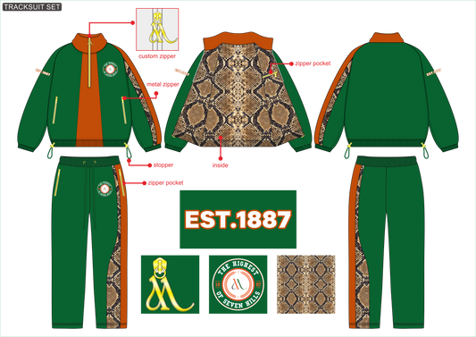 Custom tracksuit set design mockup showing front, back, and side views of a green and orange zip-up jacket with matching green pants, featuring a snakeskin-patterned inner lining and side panels, with custom logo patches and labels.